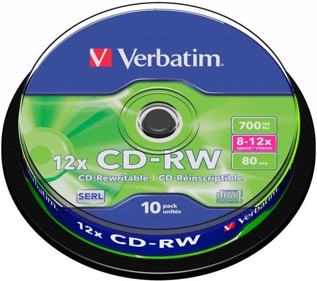 

Оптический диск Verbatim CD-RW 700Mb 12х DLP Silver 10 шт CakeBox [43480], Диск CD-RW Verbatim 700MB 10x Cake Box (43480)