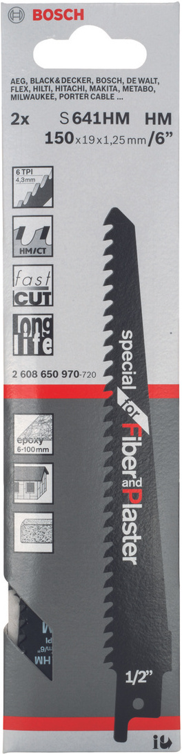 

Полотно универсальное Bosch S 641 HM 2608650970, Bosch S641HM 2 шт Special for Fiber and Plaster 2608650970