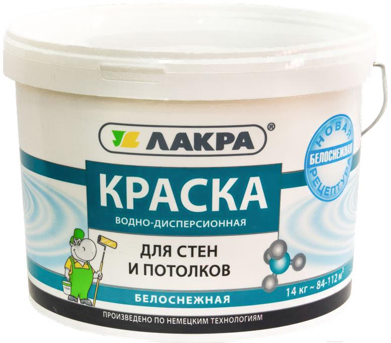 

Краска, эмаль Лакра Краска для стен и потолков водно-дисперсионная 14кг белоснежный, Краска для стен и потолков водно-дисперсионная 14кг