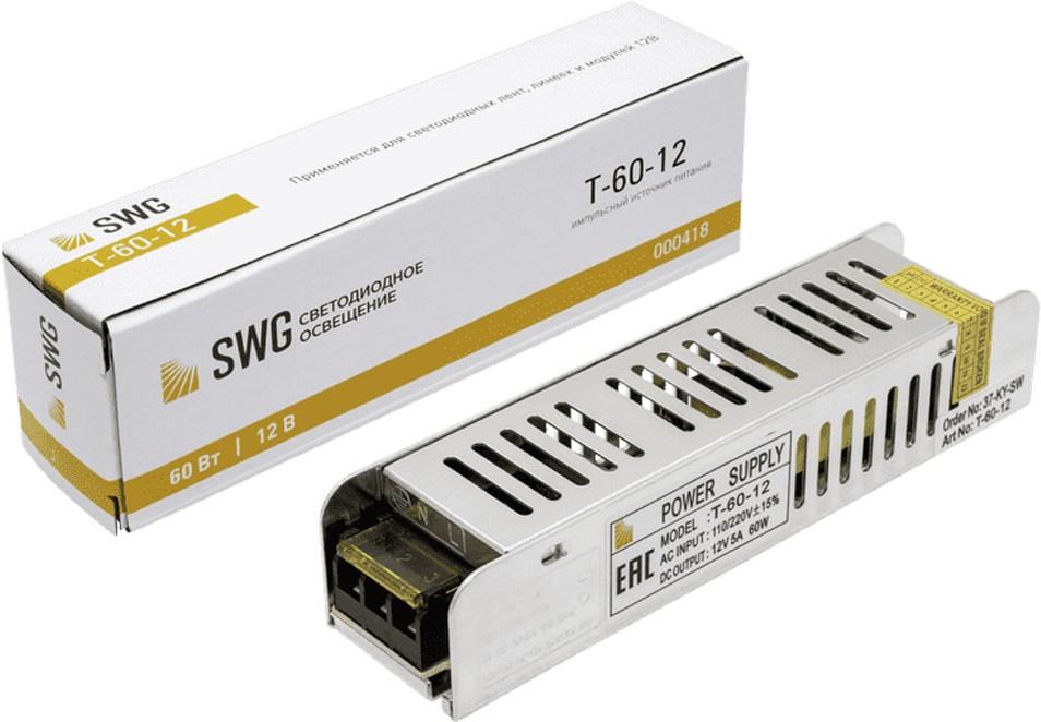 

SWG Блок питания компактный (узкий), 60 W, 12V [T-60-12], Блок питания SWG Блок питания компактный (узкий), 60 W, 12V T-60-12