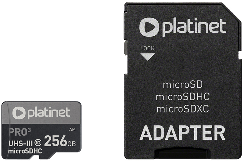 

Карта памяти Platinet microSDXC SECURE DIGITAL + ADAPTER SD 256GB class10 UIII A2 90MB [PMMSDX256UIII], Карта памяти Platinet Pro 3 microSDXC PMMSDX256UIII 256GB (с адаптером)