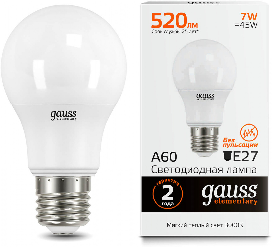 

Светодиодная лампа Gauss LED Elementary A60 7W E27 520lm 2700K 1/10/100 [23217A], Светодиодная лампочка Gauss LED Elementary A60 7W E27 520lm 2700K 1/10/100 23217A