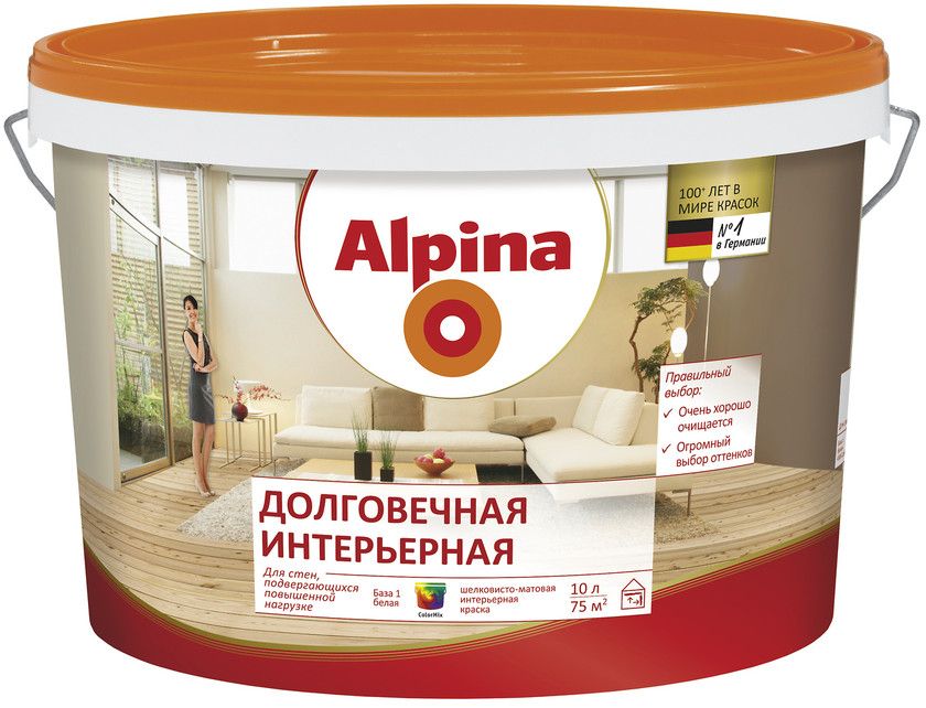 

Краска, эмаль Alpina Долговечная интерьерная База 1 10л белый, Краска Alpina Долговечная интерьерная База 1 10л белый