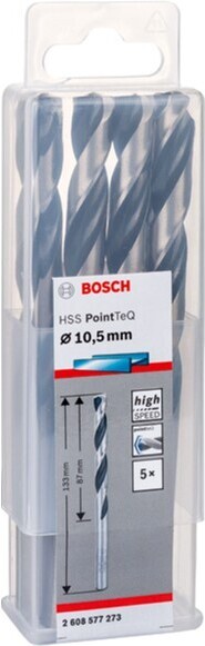 

Набор оснастки Bosch 2608577273 (5 предметов), Сверло Bosch HSS PointTeQ 10.5мм 2.608.577.273