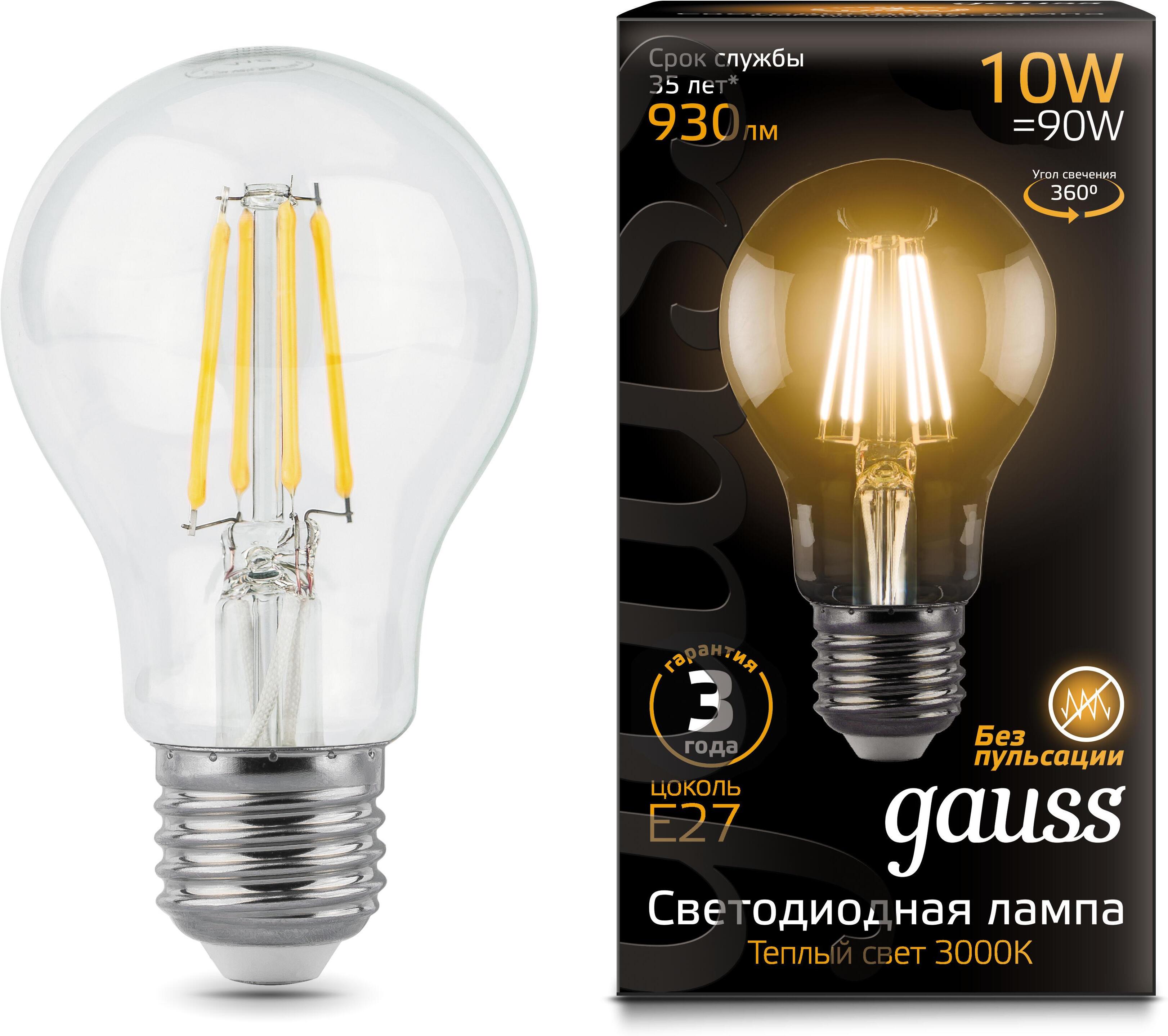 

Лампа Gauss LED Filament A60 E27 10W 930lm 2700К 1/10/40 [102802110], Светодиодная лампочка Gauss LED 102802110