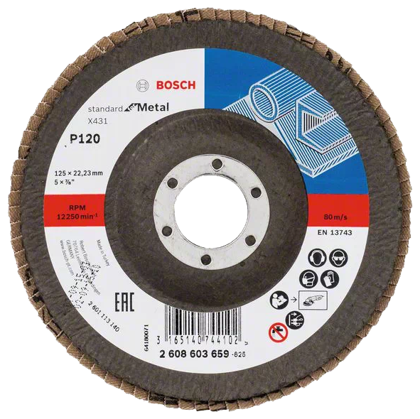 

Шлифовальный круг лепестковый конический Bosch 125х22.2 мм K120 Standard for metal [2.608.603.659], Шлифовальный круг Bosch 125х22.2 мм K120 лепестковый конический Standard for metal 2.608.603.659