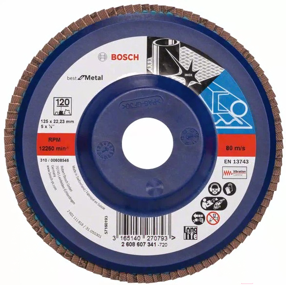 

Шлифовальный круг Bosch 125мм K120 Best for Metal лепестковый [2.608.607.341], Шлифовальный круг Bosch 125мм K120 Best for Metal лепестковый 2.608.607.341