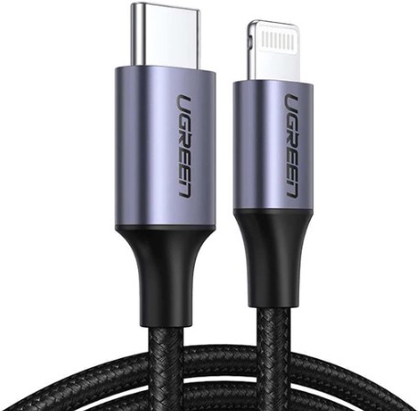 

UGREEN USB-C to Lightning M/M Cable Aluminum Shell Braided 1.5m US304 (Black) 60760 / Кабель UGREEN US304-60760 Type-C to Lightning, Apple MFI certified, 3A, PD 18W, в оплётке, 1.5m, Black