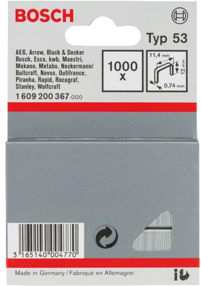 

Скобы Bosch 1.609.200.367, Bosch 12 мм тип 53 1000 штук 1609200367