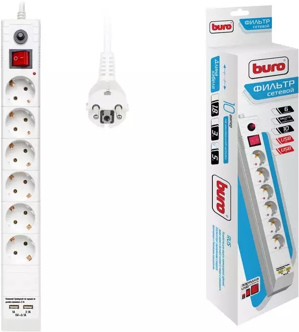 

Сетевой фильтр Buro BU-SP5-USB-2A-W