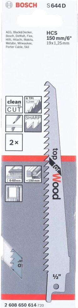 

Полотно для пилы Bosch 2.608.650.614, Пилка для сабельной пилы Bosch S 644D 2шт 2.608.650.614
