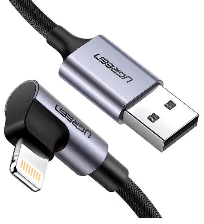 

Кабель UGREEN US299-70733, USB-A 2.0 to Lightning (90°), Apple MFI certified, 2,4A, в оплётке, 2m, Black