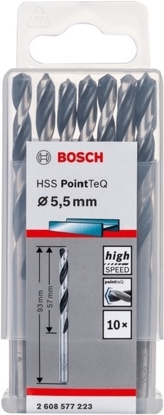 

Набор оснастки Bosch 2608577223 (10 предметов), Сверло Bosch HSS PointTeQ 5.5мм 2.608.577.223