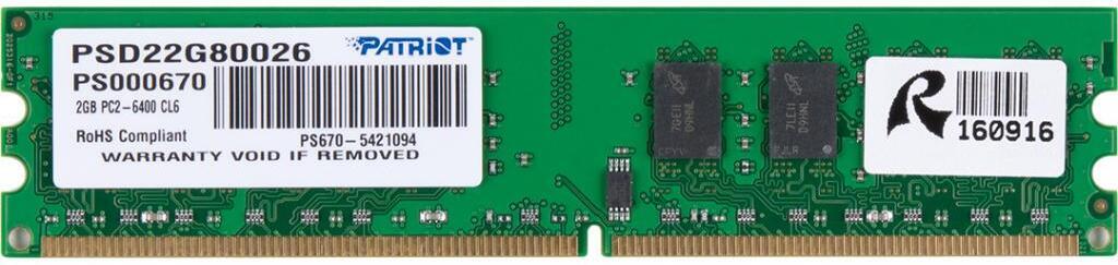 

Оперативная память Patriot Signature 2GB DDR2 PC2-6400 (PSD22G80026), ОЗУ DDR2-800 2048 MB PC-6400 Patriot PSD22G80026