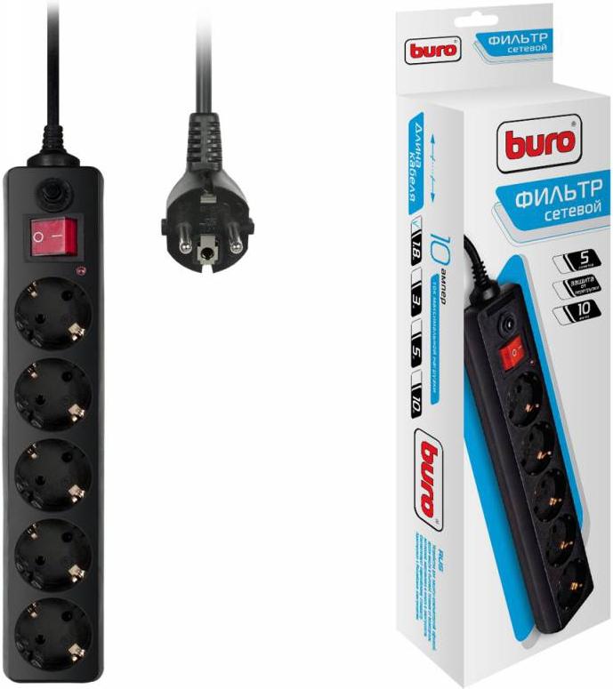 

Сетевой фильтр Buro 5 розеток, черный, 3 м [500SH-3-B], 5 розеток 3 м
