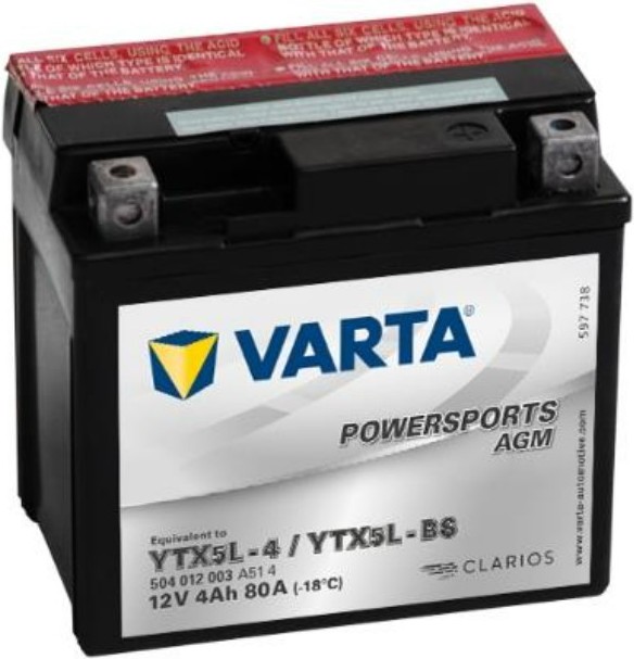 

Мотоаккумулятор Varta Powersports AGM TX5L-BS 4 А/ч (504012008)