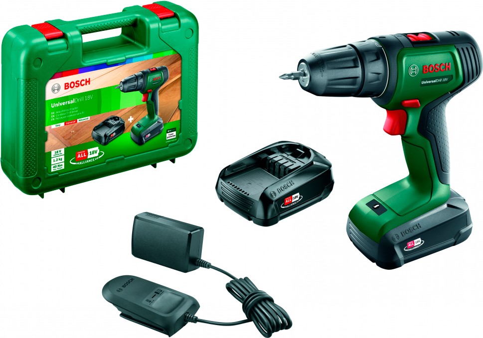 

Дрель-шуруповерт Bosch UniversalDrill 18V [06039D4002], Дрель-шуруповерт Bosch UniversalDrill 18 06039D4002 (с 2-мя АКБ)