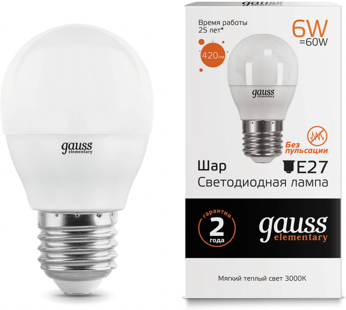 

Светодиодная лампа Gauss LED Elementary Шар 6W E27 420lm 3000K 1/10/100 [53216], Светодиодная лампочка Gauss LED Elementary Шар 6W E27 420lm 3000K 1/10/100 53216