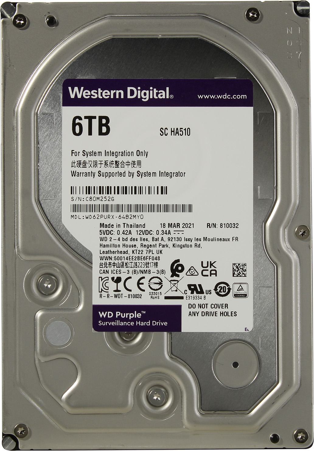 

Жесткий диск WD Purple Surveillance 6TB (WD62PURX-64B2MY0), Жесткий диск WD/UNV WD62PURX-64B2MY0 для видеонаблюдения