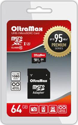 

Карта памяти Oltramax 64GB microSDXC Class 10 UHS-1 Premium (U3) с адаптером SD [OM064GCSDXC10UHS-1-PrU3], 64GB microSDXC Class 10 UHS-1 Premium (U3) с адаптером SD