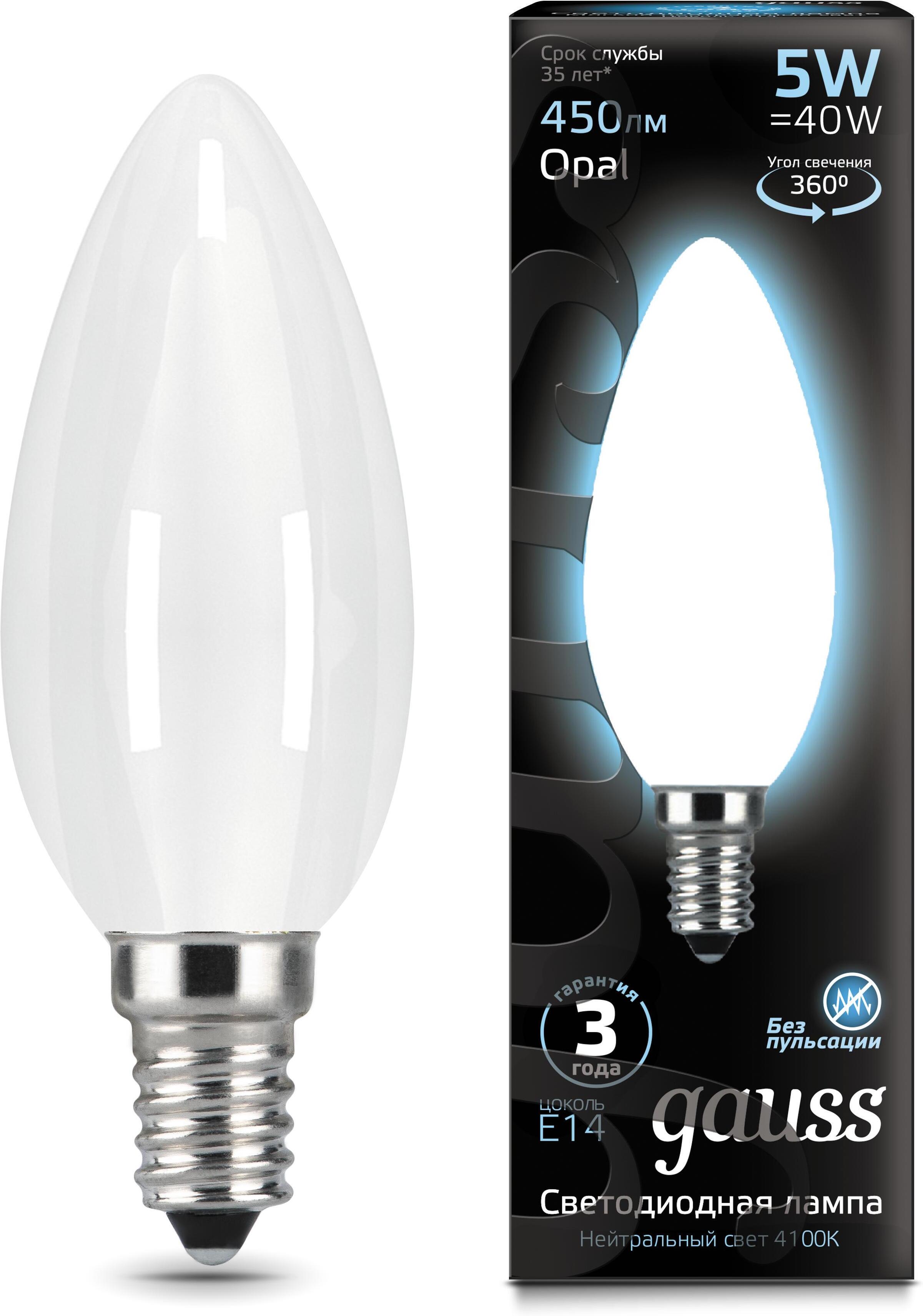 

Светодиодная лампа Gauss LED Filament Свеча OPAL E14 5W 450lm 4100К 1/10/50 [103201205], Светодиодная лампочка Gauss LED Filament Свеча OPAL E14 5W 450lm 4100К 1/10/50 103201205