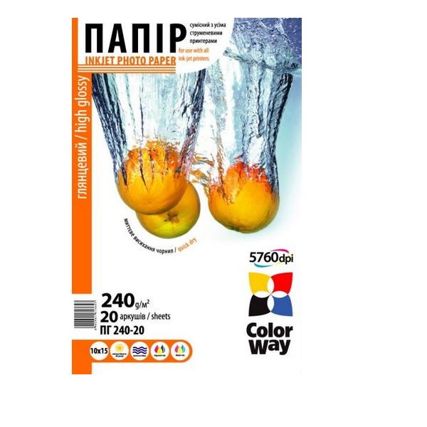 

Фотобумага Colorway 10x15 240г/м2 20 страниц глянцевая [PG2400204R], Фотобумага Colorway 10x15 240г/м2 20 страниц глянцевая PG2400204R