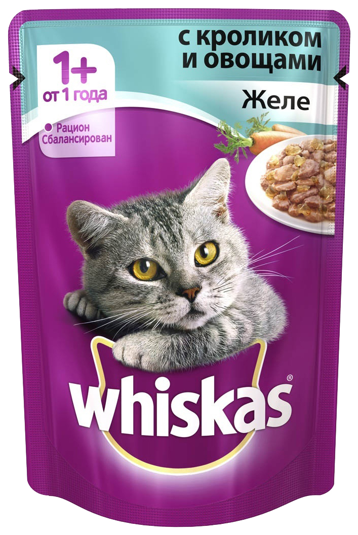

Корм для кошек Whiskas Желе с кроликом и овощами 85г, Желе с кроликом и овощами 85г