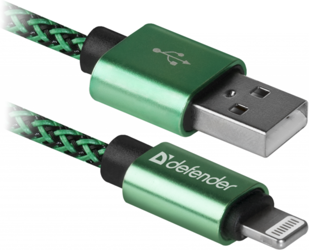 

Кабель Defender ACH01-03T Lightning to USB2 1 m Green [87810], Кабель Defender ACH01-03T Lightning to USB2 1 m 87810 Green