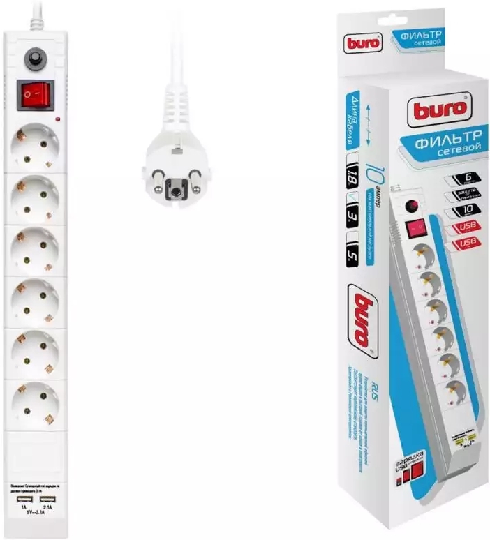

Сетевой фильтр Buro BU-SP3-USB-2A-W