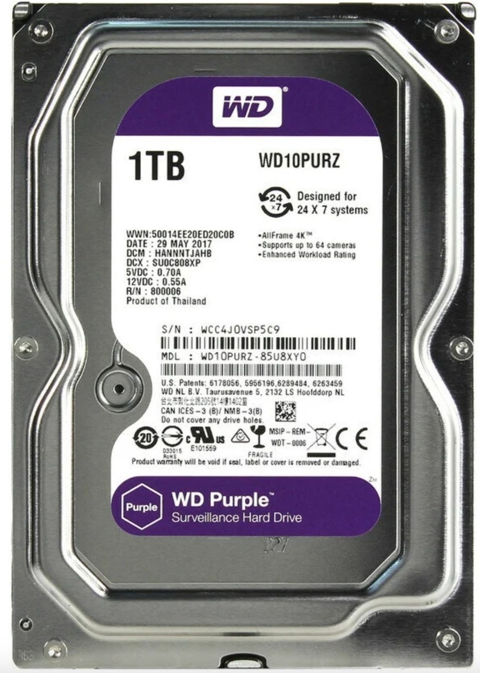 

Жесткий диск WD Purple 1TB (WD10PURZ-85U8XY0), Жесткий диск WD/UNV WD10PURZ-85U8XY0