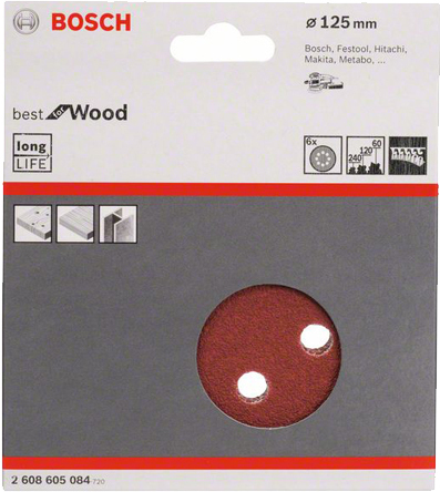 

Набор оснастки Bosch 2.608.605.084, Шлифлист Bosch 125мм К 60-120-240 Best for Wood+Paint 6шт 2.608.605.084