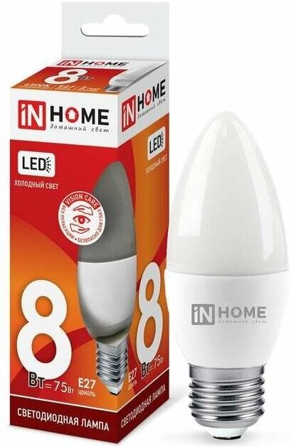 

Светодиодная лампа In Home LED-СВЕЧА-VC Е27 8W 230V 6500К 600Lm [4690612024820], Светодиодная лампочка In Home LED-СВЕЧА-VC Е27 8W 230V 6500К 600Lm 4690612024820