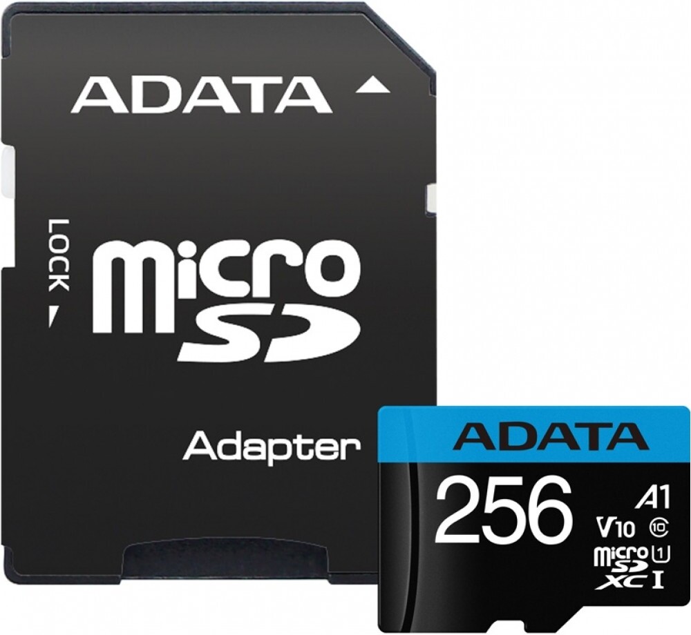 

Карта памяти A-Data Premier 256GB 100/25MB/s (AUSDX256GUICL10A1-RA1), Карта памяти A-Data microSD 256GB microSDHC Class 10 UHS-I A1 100/25 MB/s SD адаптер AUSDX256GUICL10A1-RA1