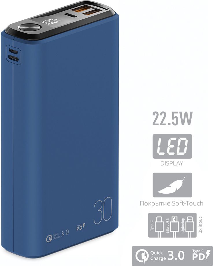 

Внешний аккумулятор Olmio QS-30 30000mAh темно-синий (043842)
