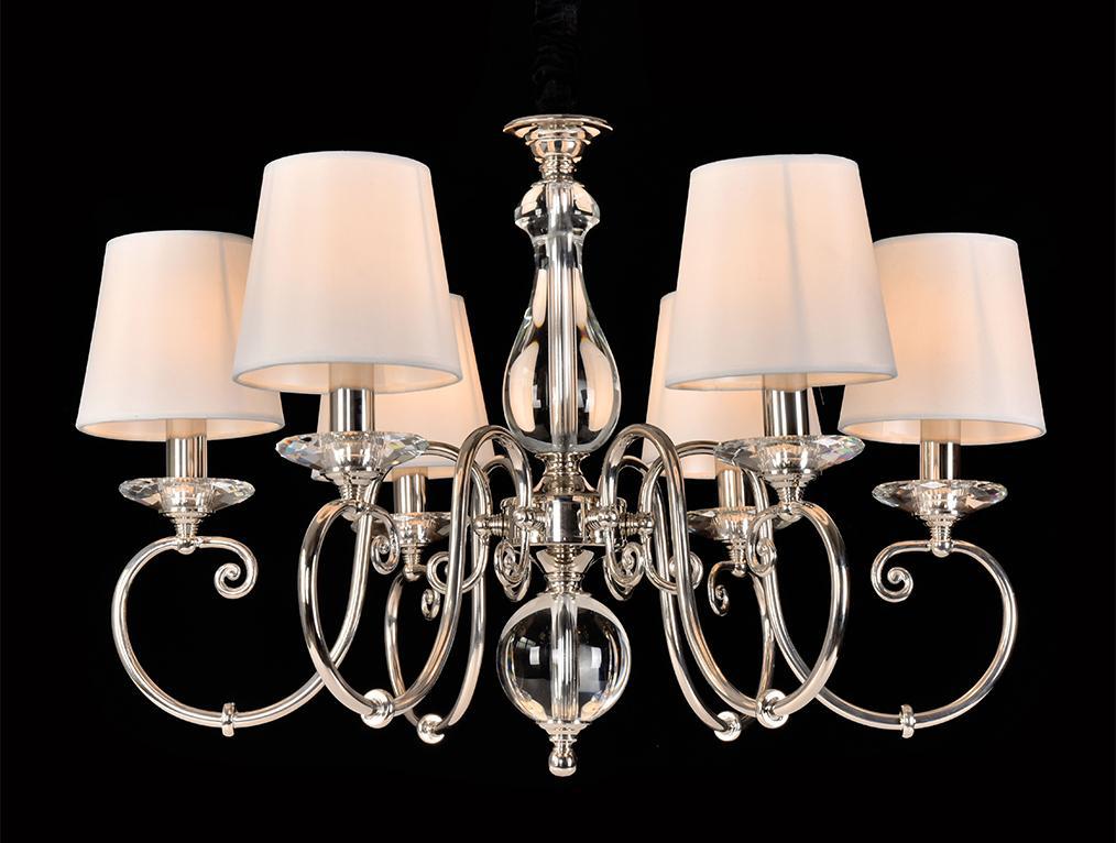 

Подвесная люстра NEWPORT D69*H48 cm E14 6*60W Bright nickel Clear crystal Shade white silk [1116/C], Подвесная люстра NEWPORT D69*H48 cm E14 6*60W 1116/C Bright nickel Clear crystal Shade white silk