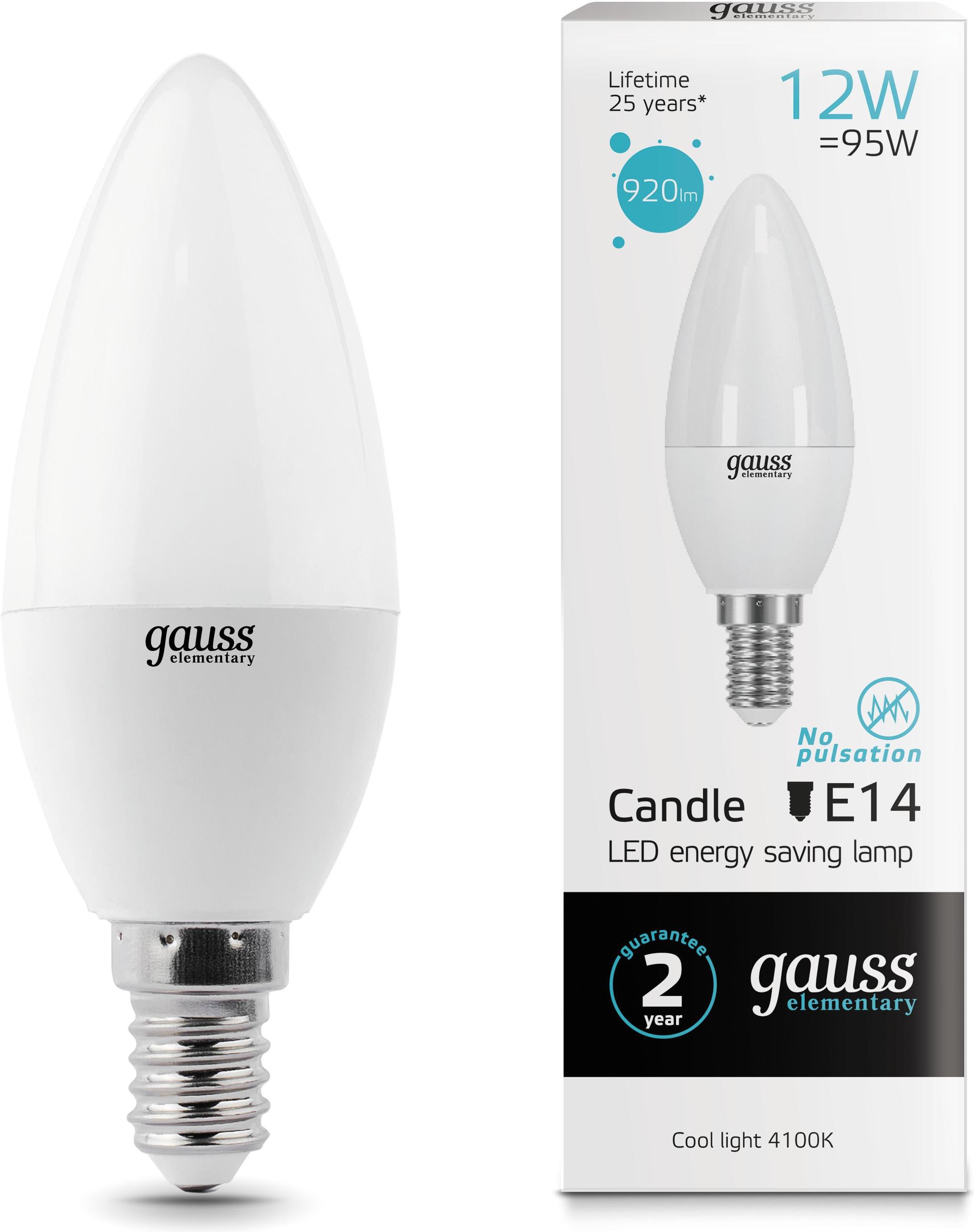 

Светодиодная лампа Gauss LED Elementary Свеча 12W 920lm E14 4100K 1/10/100 [33122], LED Elementary Свеча 12W 920lm E14 4100K 1/10/100