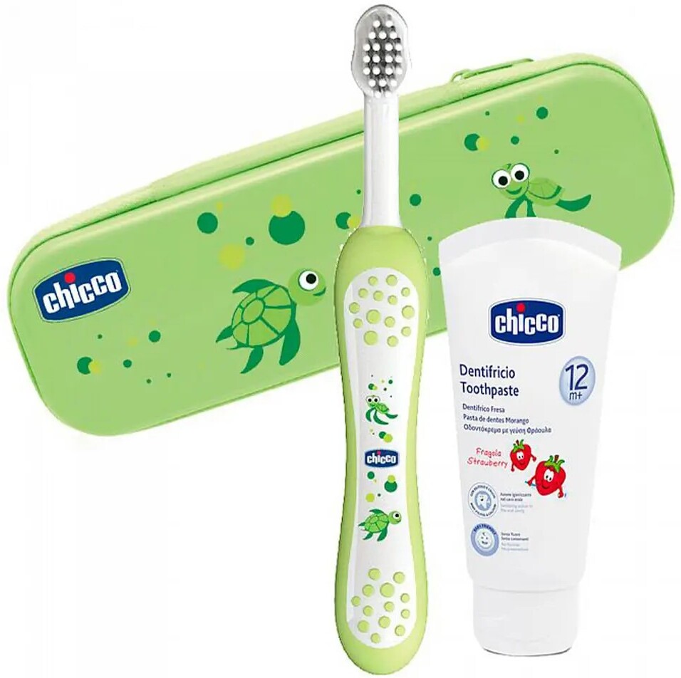 

Зубная щетка детская Chicco с футляром и зубной пастой зелёный [00006959000000], Зубная щетка детская Chicco с футляром и зубной пастой 00006959000000 зелёный