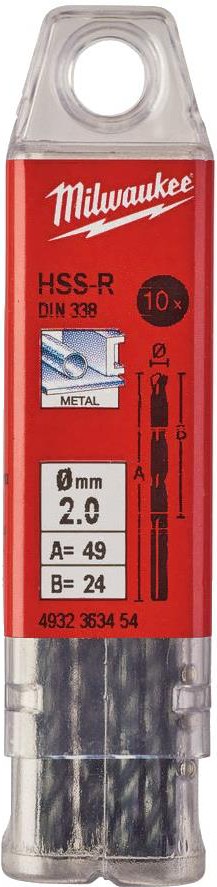 

Набор сверл Milwaukee 4932352379, Сверло Milwaukee HSS-G DIN338 2.0 10шт по металлу 4932352379