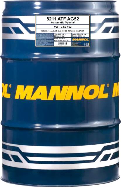 

Трансмиссионное масло Mannol ATF AG52 Automatic Special 60л [MN8211-60], ATF AG52 Automatic Special 60л