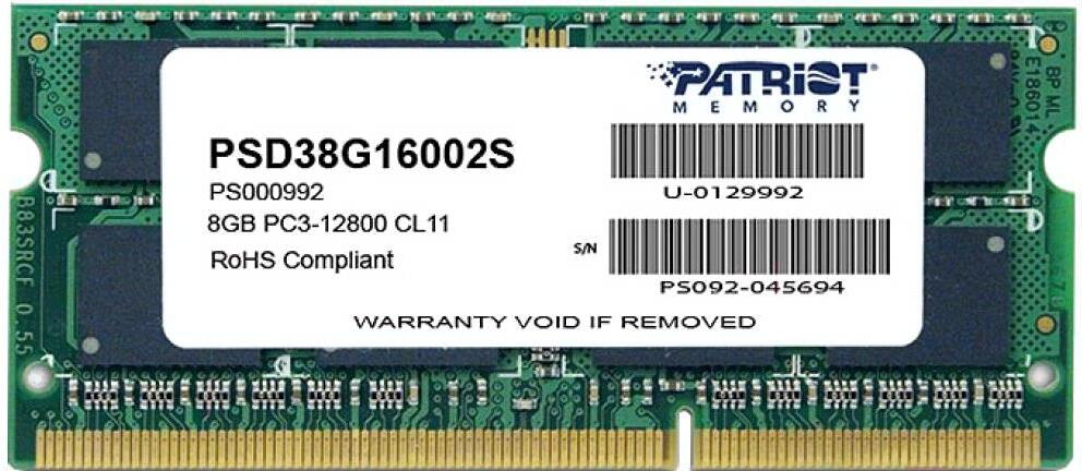 

Оперативная память Patriot Signature 8GB DDR3 SO-DIMM PC3-12800 (PSD38G16002S), ОЗУ DDR3-1600 8GB PC-12800 Patriot PSD38G16002S (SODIMM)