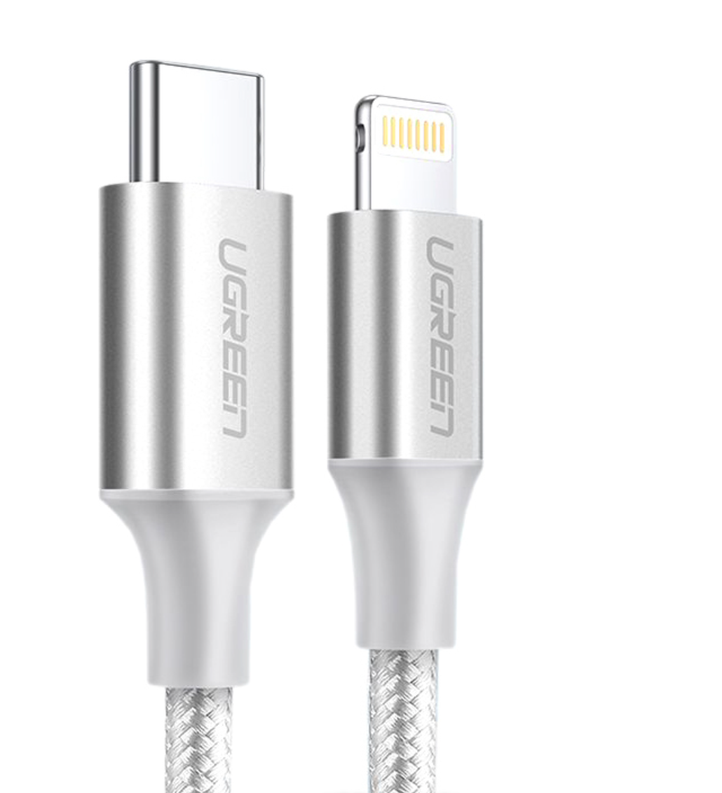 

Кабель для компьютера Ugreen US304-70524 Silver [70524], Кабель UGREEN US304-70524, Type C to Lightning, Apple MFI certified, 3A, PD 18W, в оплётке, 1.5m, серебристый (ритейл упаковка)