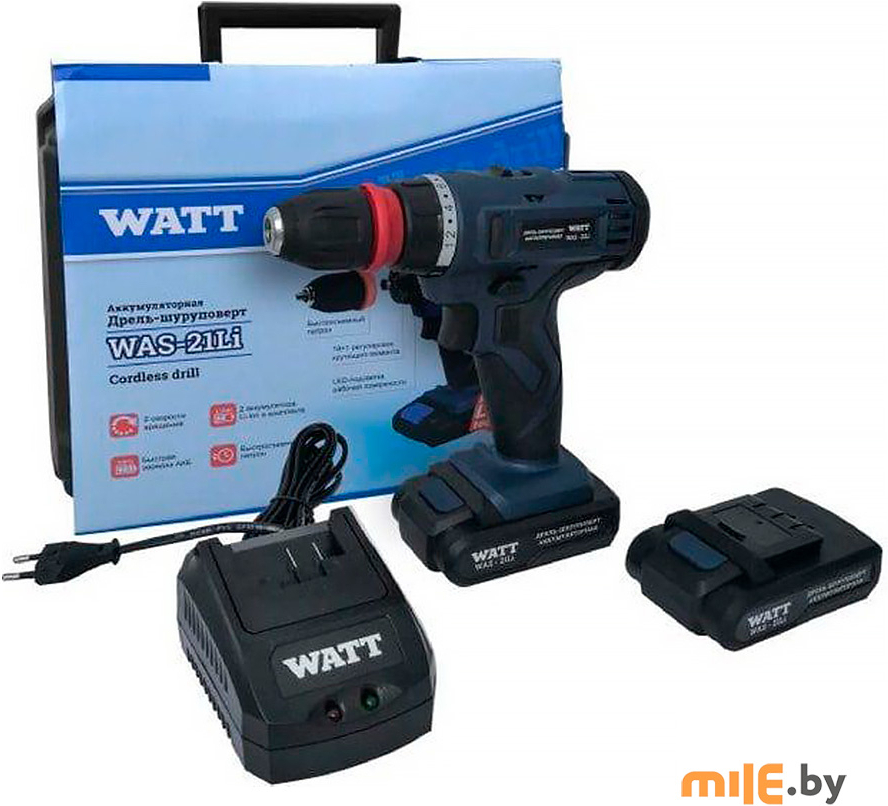 

Дрель-шуруповерт WATT WAS-21Li [1.021.029.10], Дрель-шуруповерт WATT WAS-21Li 1.021.029.10 (с 2-мя АКБ, кейс)
