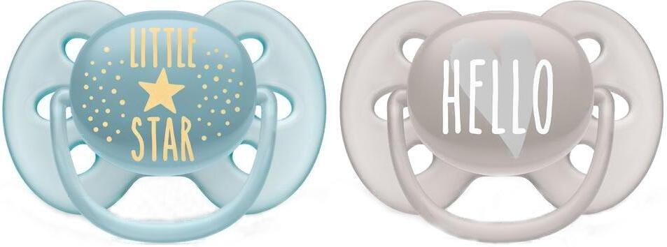 

Пустышка силиконовая Philips AVENT Ultra Soft декор Little Star/Hello 6-18 мес., 2 шт., для мальчика (SCF223/01)