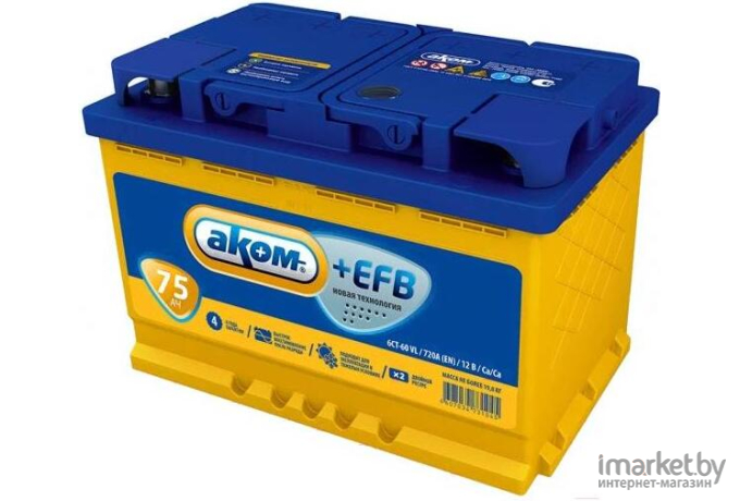 Автомобильный аккумулятор AKOM 6СТ-75 Евро+EFB (75 А/ч)