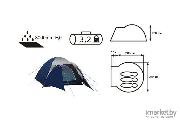 Палатка Acamper Acco 3-местная 3000 мм/ст синий