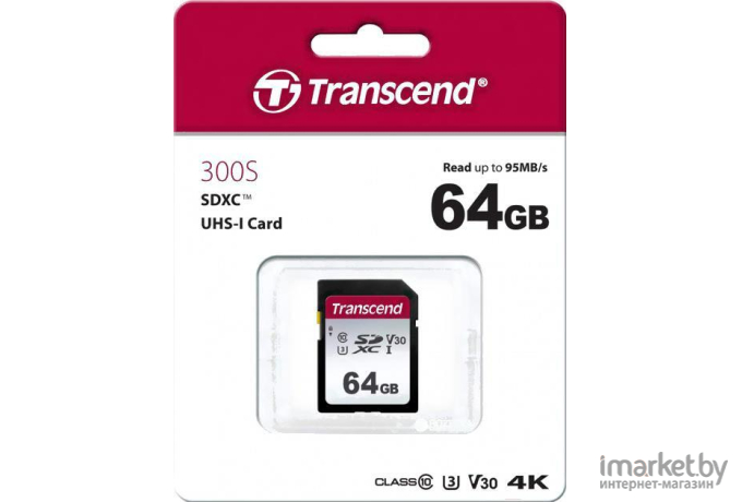 Карта памяти Transcend 64GB SDXC Class 10 UHS-I U3 R95, W45MB/s [TS64GSDC300S]