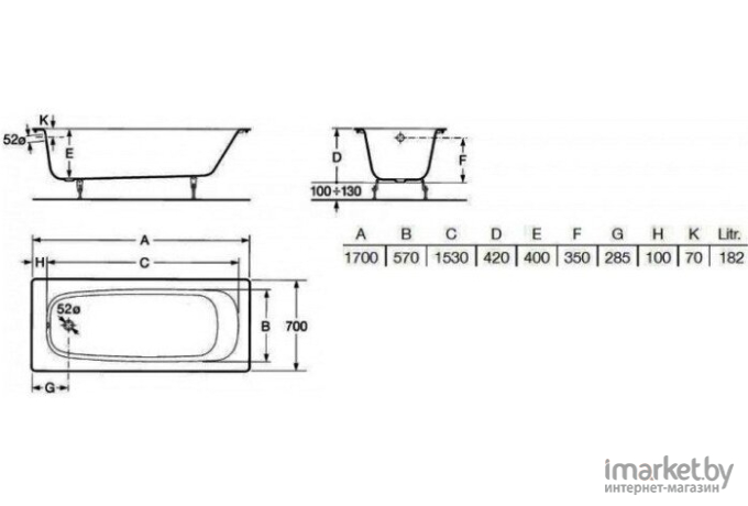 Ванна чугунная Roca Continental 170x70 / 21291100R