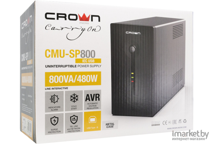 Источник бесперебойного питания CROWN Line Intractive CMU-SP800IEC LCD USB 800VA\480W металл [CM000001868]