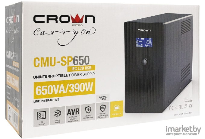 Источник бесперебойного питания CROWN Line Intractive CMU-SP650IEC 650VA\360W металл [CM000001867]