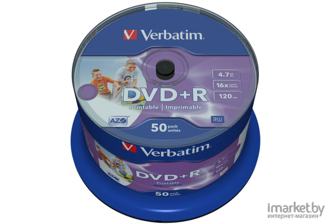 Оптический диск Verbatim DVD+R 4.7Gb 16x Wide Inkjet Printable noID 50шт CakeBox [43512]